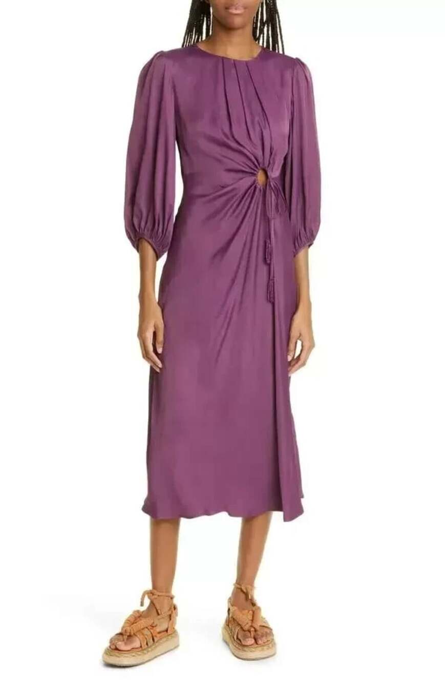 Farm Rio Piping Cutout Purple Burgundy in Size Medium Balloon Sleeve Midi Dress